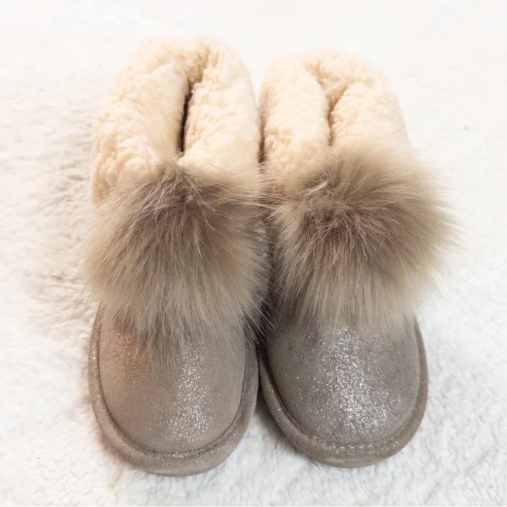 Bearpaw Women’s Size 8 Glitter Suede Boots with Fur Trim & Pom Poms